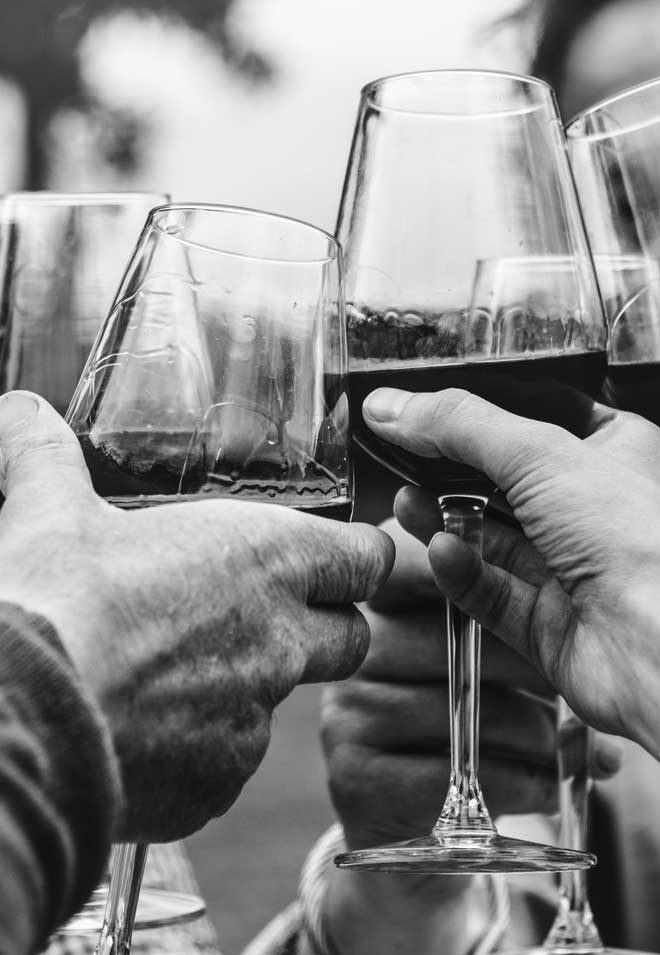 Friends raising glasses of red wine in a toast